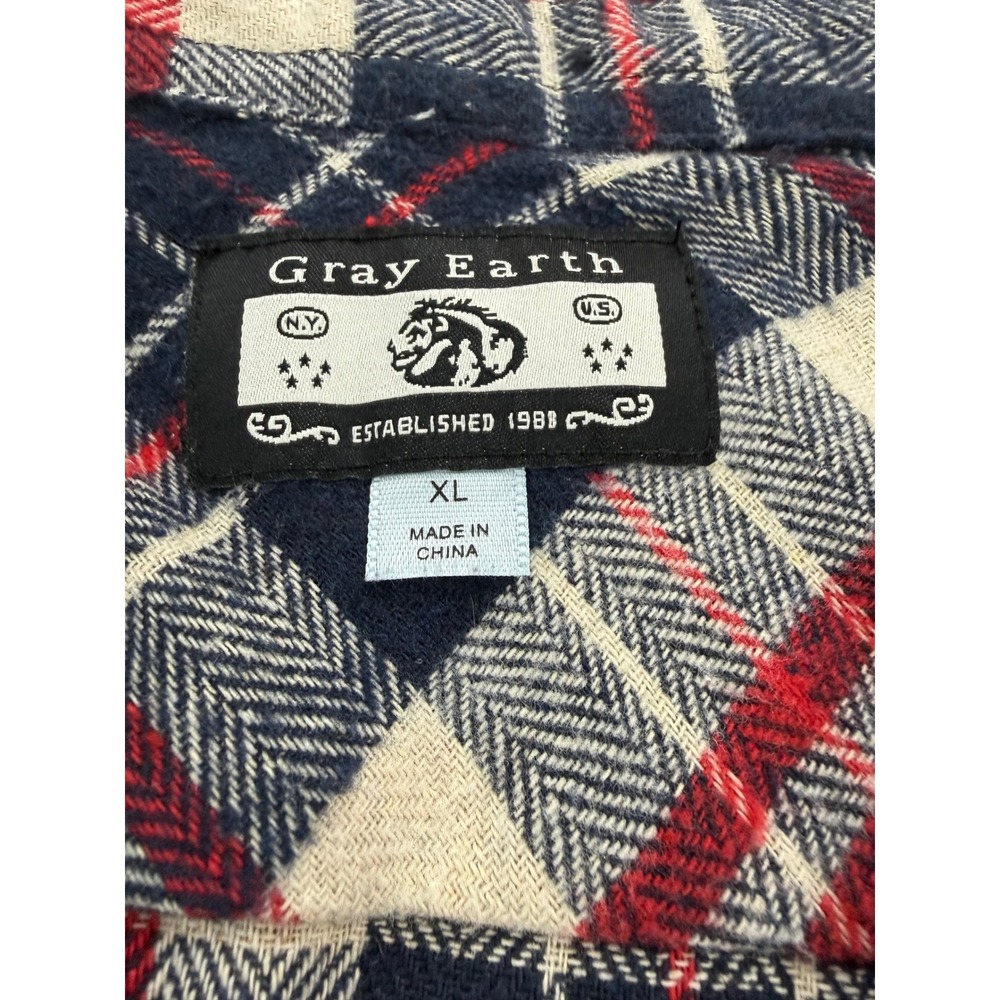 Gray Earth Mens Flannel Shirt XL Plaid Navy Blue Red Herringbone Button Down - Picture 5 of 7